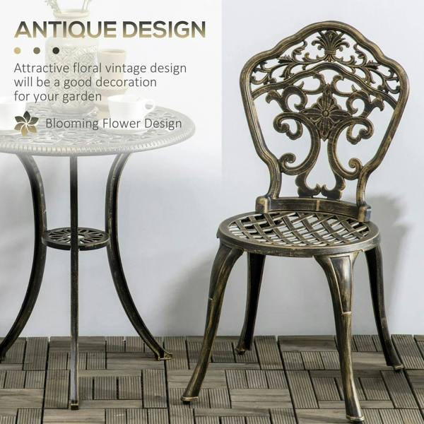 Bronze cast aluminum armless chair with ornate floral back and round mesh seat