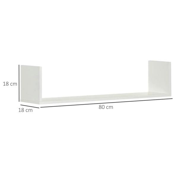 White U-shaped floating wall shelf with 80 cm length and 18 cm side height