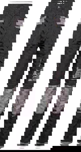 JCB Trade Plus Rip Stop Mens Multi-Pocket Cargo Work Trade Trousers - Regular Leg, black and grey work trousers with multiple pockets and reinforced knee patches for durability.