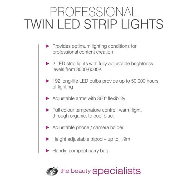 Create eye-catching content with Rio Professional Twin LED Strip Lights. Enjoy adjustable 3000–6000K brightness, 50,000-hour life, full 360° color, pro tones, phone holder, tripod & carry bag—perfect for makeup artists and creators.