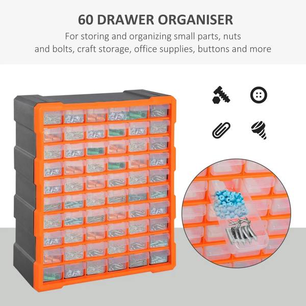 Orange 60-drawer organizer cabinet with clear plastic bins