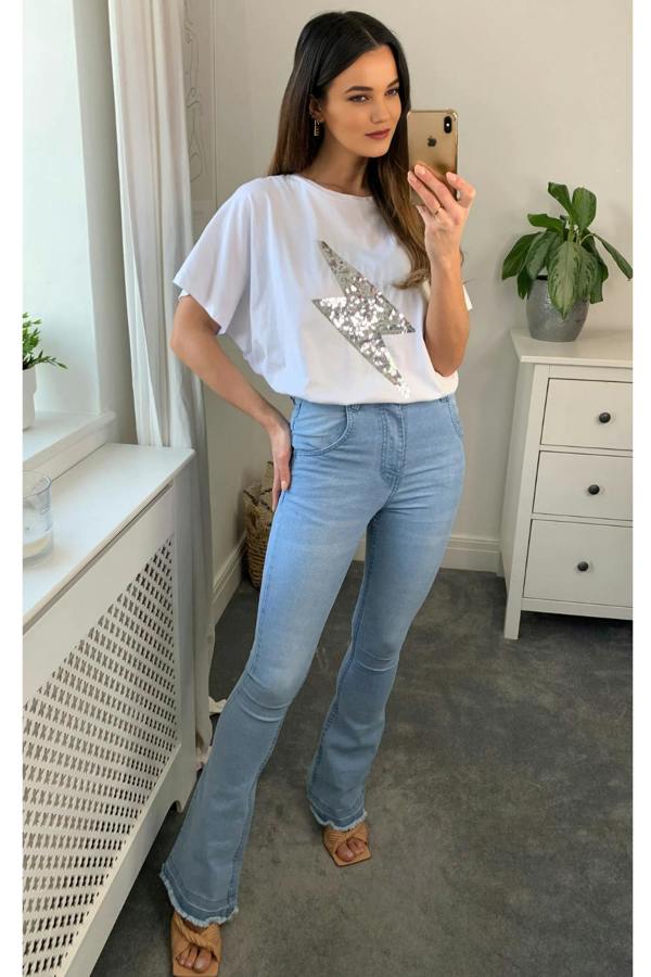 Hoxton Gal Oversized Sequin Relaxed T Shirt In White
