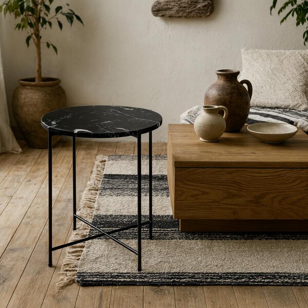 Wyld Haus Verona Round Black Marble Stone Side Table