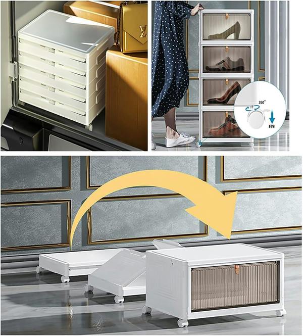HYGRAD BUILT TO SURVIVE Foldable White Plastic Shoe Box 2/3/4/5/6 Tier Stackable Storage Cabinet-Rolling Storage Organizer Containers With Lid