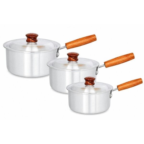 Dyzi 3 Piece Aluminium Saucepan Set with Lids Wooden Style Handles
