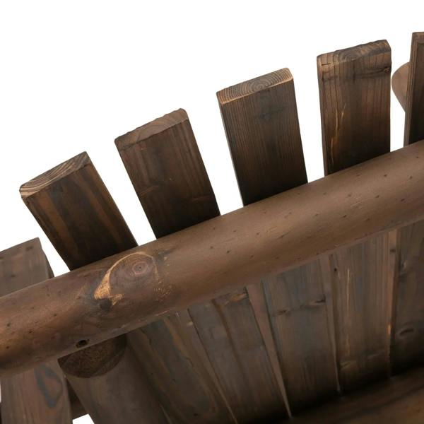 Carbonized wood patio bench slatted backrest close-up with curved top rail.