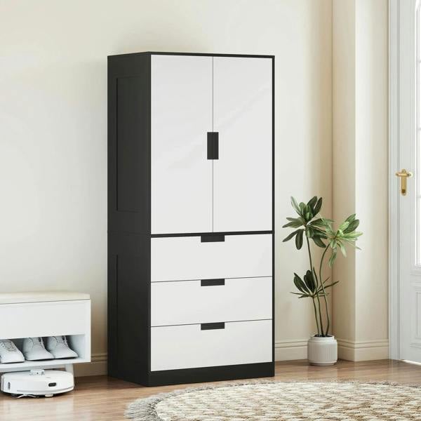 Black and white wardrobe with two doors and three drawers in a bedroom setting