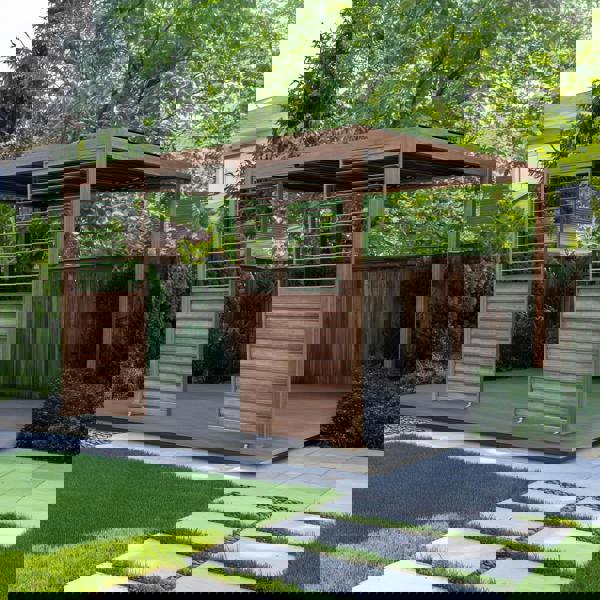 Wood effect aluminium pergola shutter panel in a garden setting, featuring a sleek design with horizontal slats and a natural wood finish