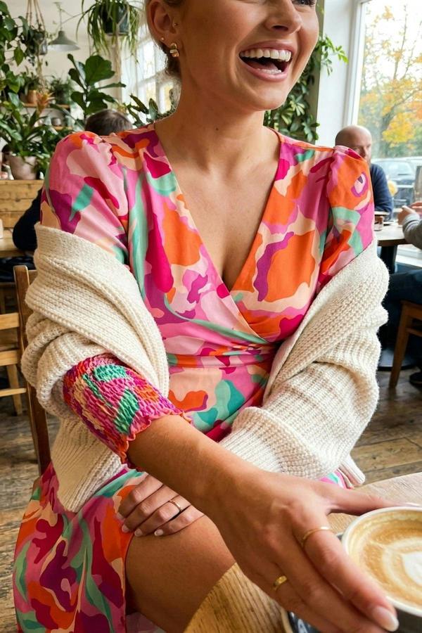 Haniya Wrap Front Printed Midi Dress - Pink
