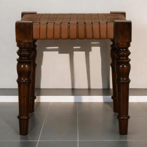 Artisan Furniture Solid Wood Woven Leather Footstool