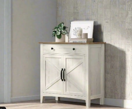 Rustic farmhouse sideboard in white and honey brown with drawer and barn doors in a living room

