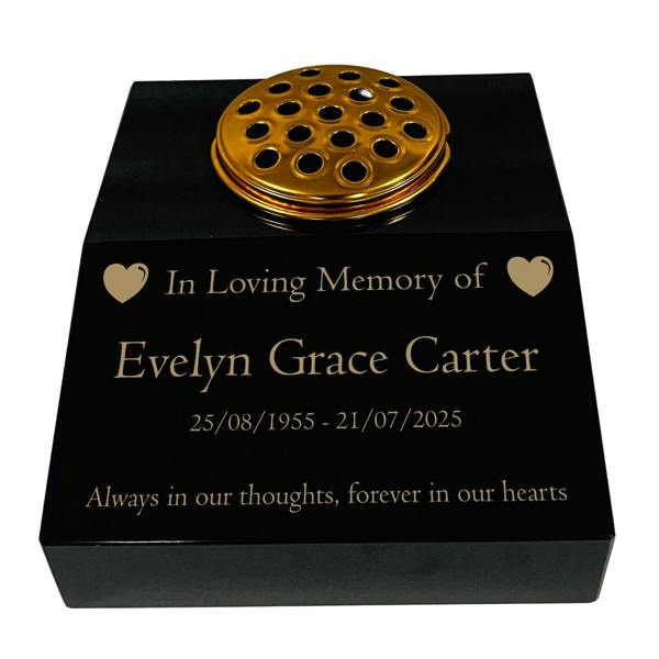 Memorials Direct Black Granite Sloping Memorial Desk with Vase – Heart Design, Free Gold Engraving