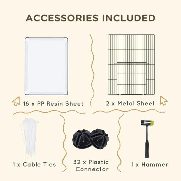 Kit includes clear resin sheets and metal wire sheets for assembling a white pet playpen