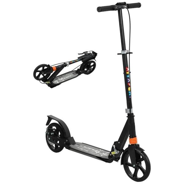 Black kids kick scooter with two large wheels and curved handlebar