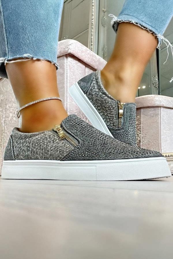 Love Lemonade Crystal Suede Zip Pumps Grey Trainers