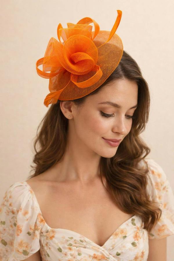 Floral Fascinator with A Wide Base in Orange - svnx