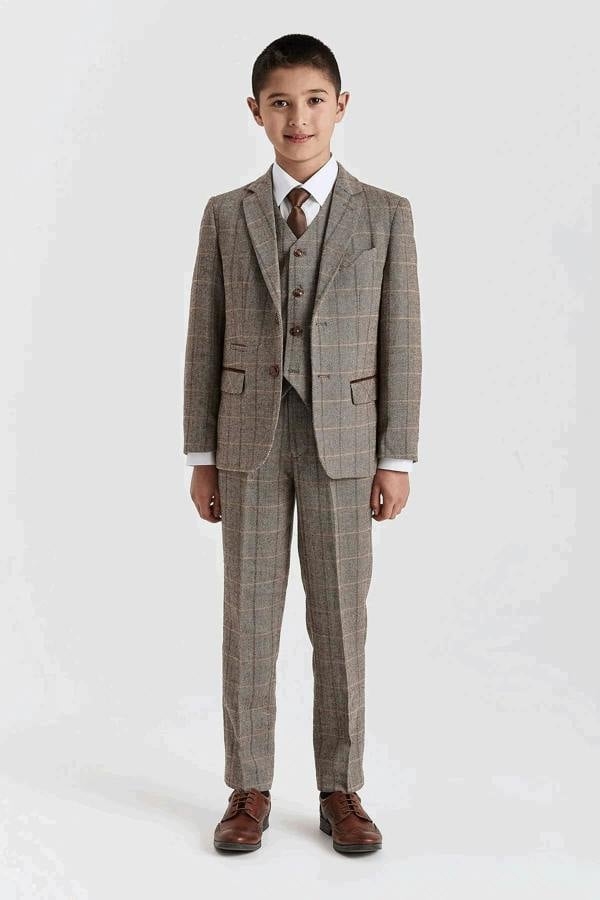 Paul Andrew Harris - Boys Brown 3 Piece Wool Blend Tweed Suit