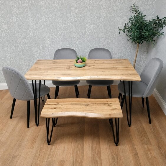 Kosy Koala Rustic Wood-Effect Wavy Dining Table Set with 4 Grey Velvet Chairs & Bench, 140x80x75cm