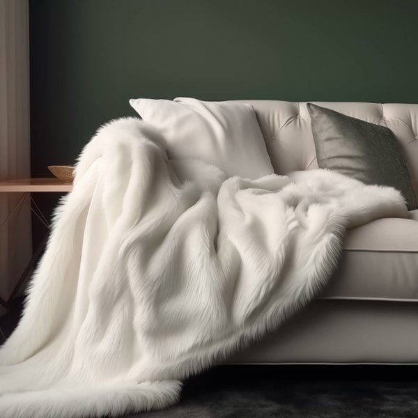 Arctic white wolf faux fur throw