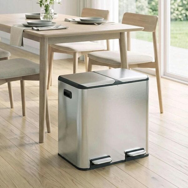 2 x 20L Double Kitchen Bin, Stainless Steel Pedal Rubbish Bin with Dual Compartments, Soft Close Lids, Silver Tone