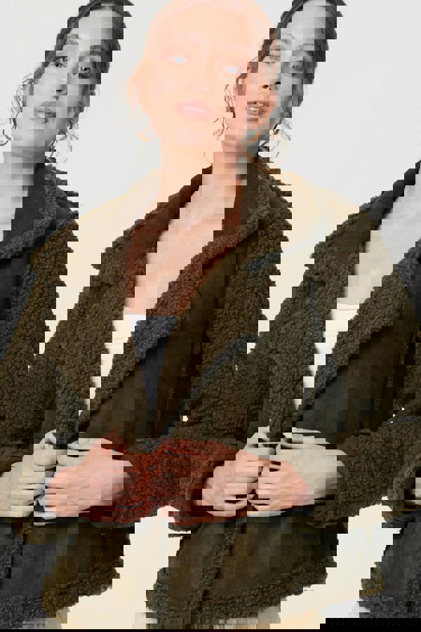 Green | Faux Suede Teddy Lined Biker Jacket
