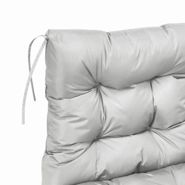 Light grey chair backrest cushion close-up with vertical padding and tie straps