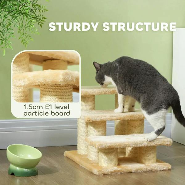 Beige 3-step pet stairs ladder with plush platforms and textured sisal posts