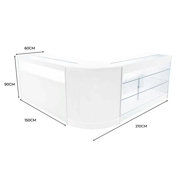 Triton LED Shop Counter Set in white, featuring sleek glass shelves, curved edges, and modern design, ideal for retail displays