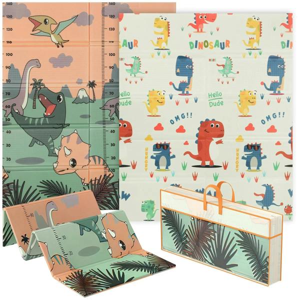 Foldable double-sided dinosaur play mat with colorful dino prints