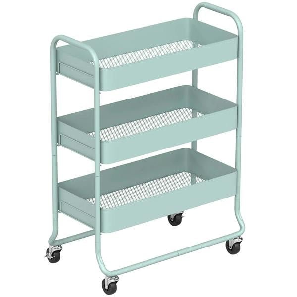 Light green 3-tier rolling utility cart with mesh shelves and four caster wheels