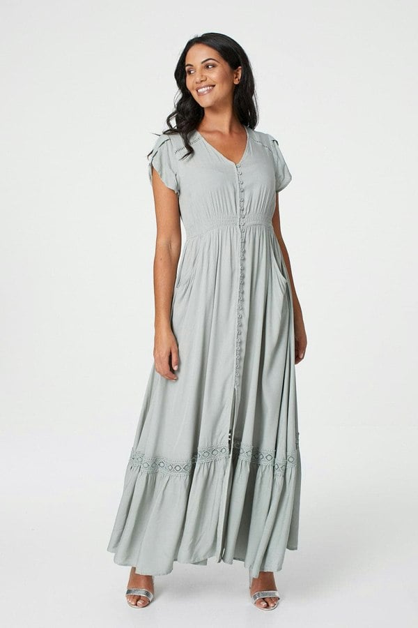 Sage |Button Front Maxi Dress with Pockets