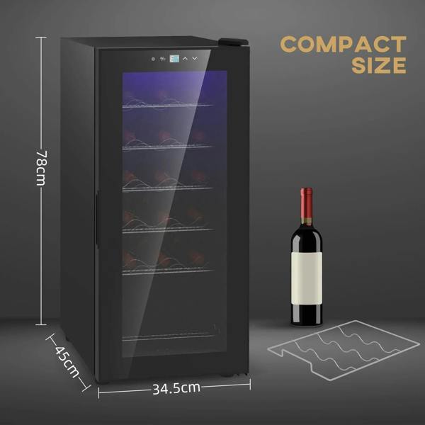 Black 18-bottle wine fridge with glass door and interior wire racks, built-in lights