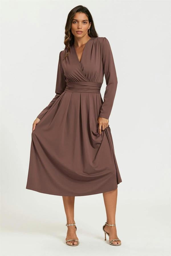 FS Collection Jersey Long Sleeve Midi Dress In Brown