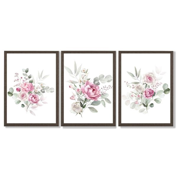 Set of 3 Pink Roses with Eucalyptus Bouquets Framed Art Prints with Dark Wood Frames