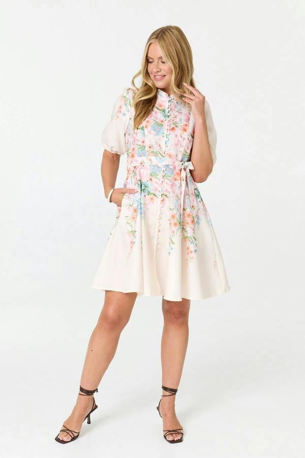 White | Floral 1/2 Sleeve Tie Waist Short Dress