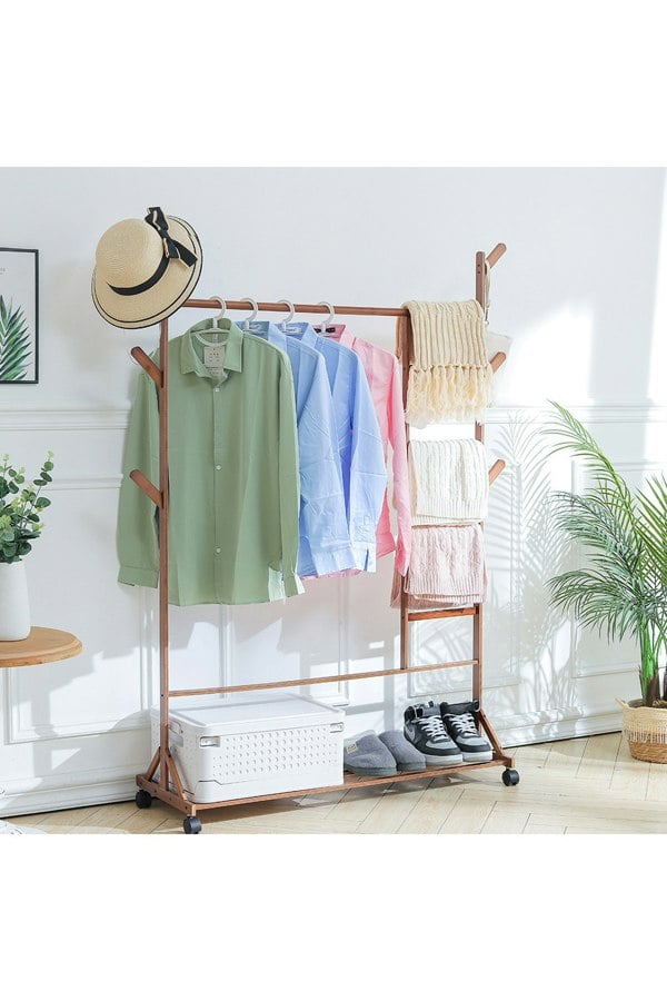 Living and Home Bamboo Clothes Rack with Bottom Shelf
