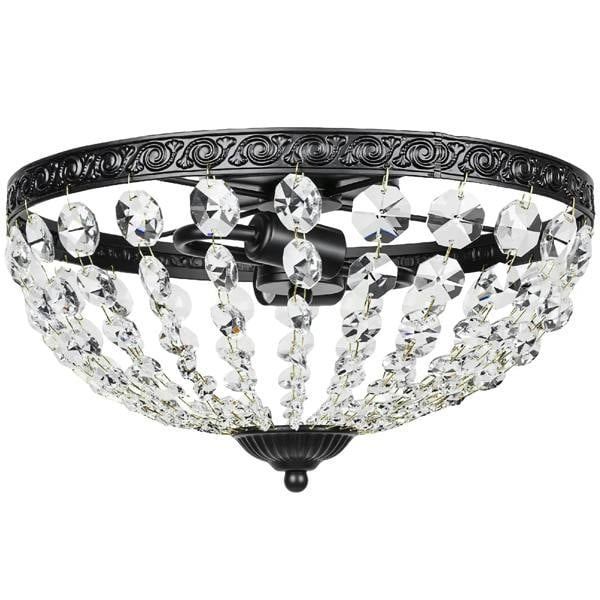 Black flush mount ceiling light with clear crystal octagonal bead fringe and metal rim