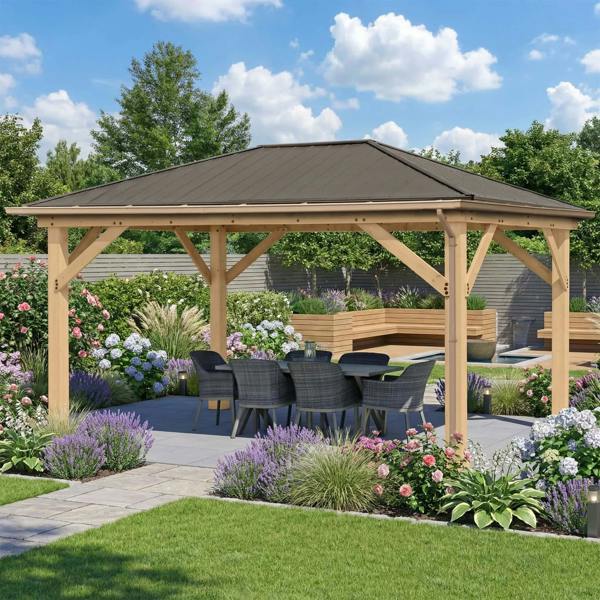 Yardistry Wooden Gazebo 12ft x 16ft (3.7m x 4.9m) with Rain Guttering 1