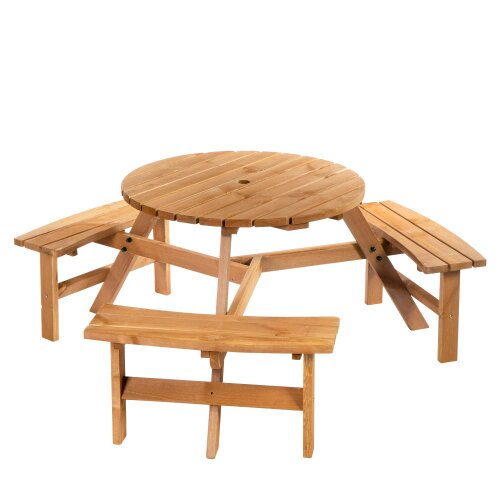 Wyld Haus Bare Wood Brown Red 6 Seater Round Picnic Table With 3 Benches And Parasol Hole