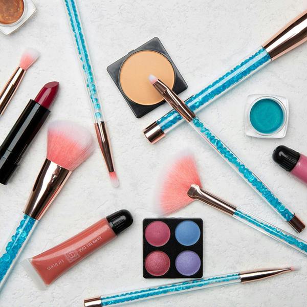 Aquarius Makeup Brush Set 7 Piece Turquoise Liquid Glitter Handle Beauty Tool Kit
