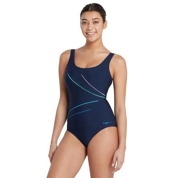 Navy Zoggs Macmasters scoopback swimsuit with teal geometric lines