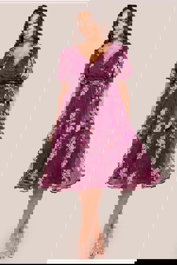 Floral Print Wrap Chiffon Midi Dress - Berry Floral DR3435PQZ