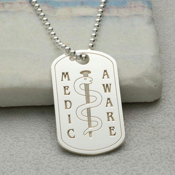 Christopher James of London Sterling Silver Medic Aware Rod & Snake Dog Tag With Engraving