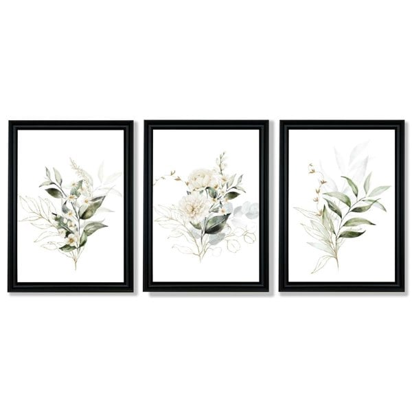 White an Green Floral Bouquets Set of 3 Framed Art Prints with Vermeer Black Frames