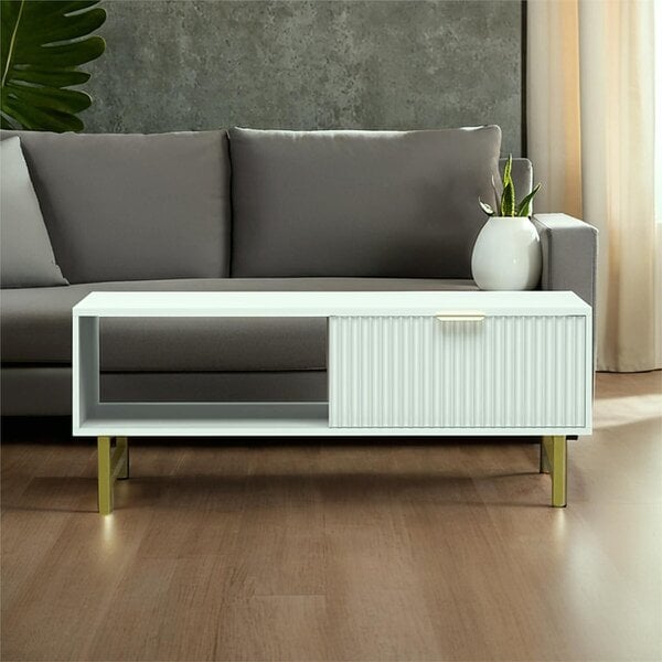 Kosy Koala Modern White Coffee Table with Storage, Gold Metal Legs and Handles