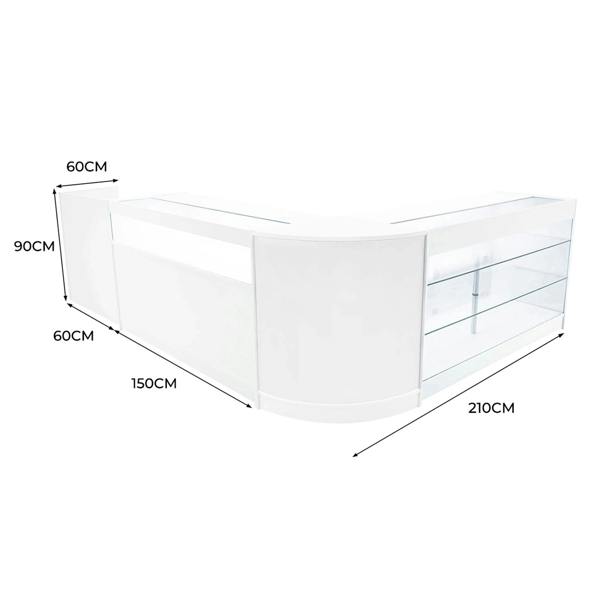 Polaris LED Shop Counter Set in sleek white, featuring curved edges, glass display shelves, and modern design, dimensions 210x150x90 cm