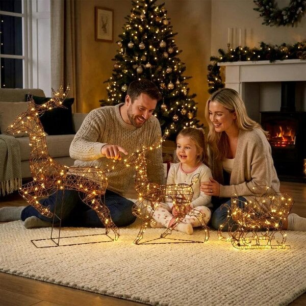 Bobobiy 3-Piece Lighted Reindeer and Sleigh Set, PP Rattan Outdoor Christmas Decoration with LEDs, 8 Modes, Daily Timer