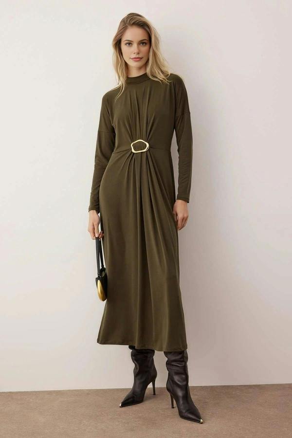 WOVCOR Knit Dress with Waist Buckle Detail