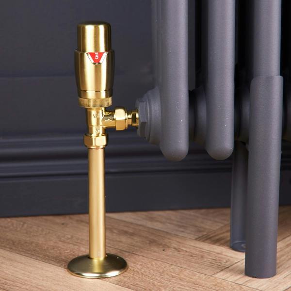 Flode Angled Thermostatic Radiator Valve Pack | 15mm x 1/2" | Brushed Brass