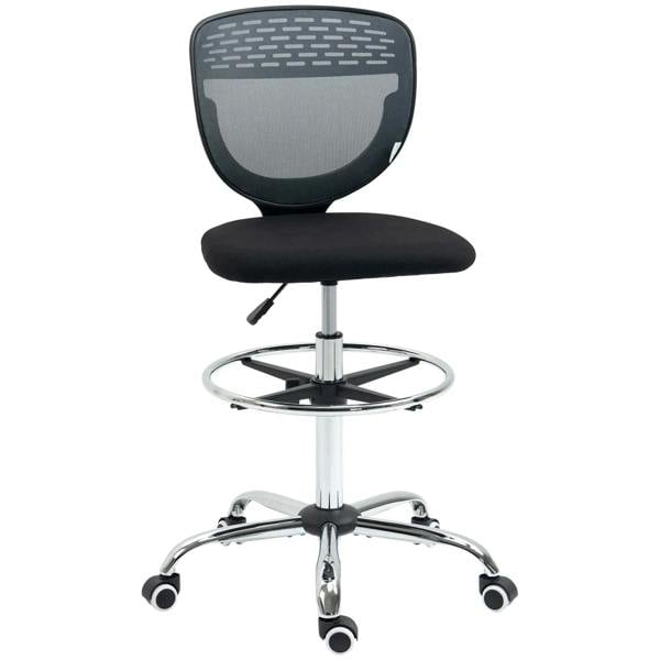 Grey armless swivel drafting chair with mesh back, padded seat, and chrome foot ring